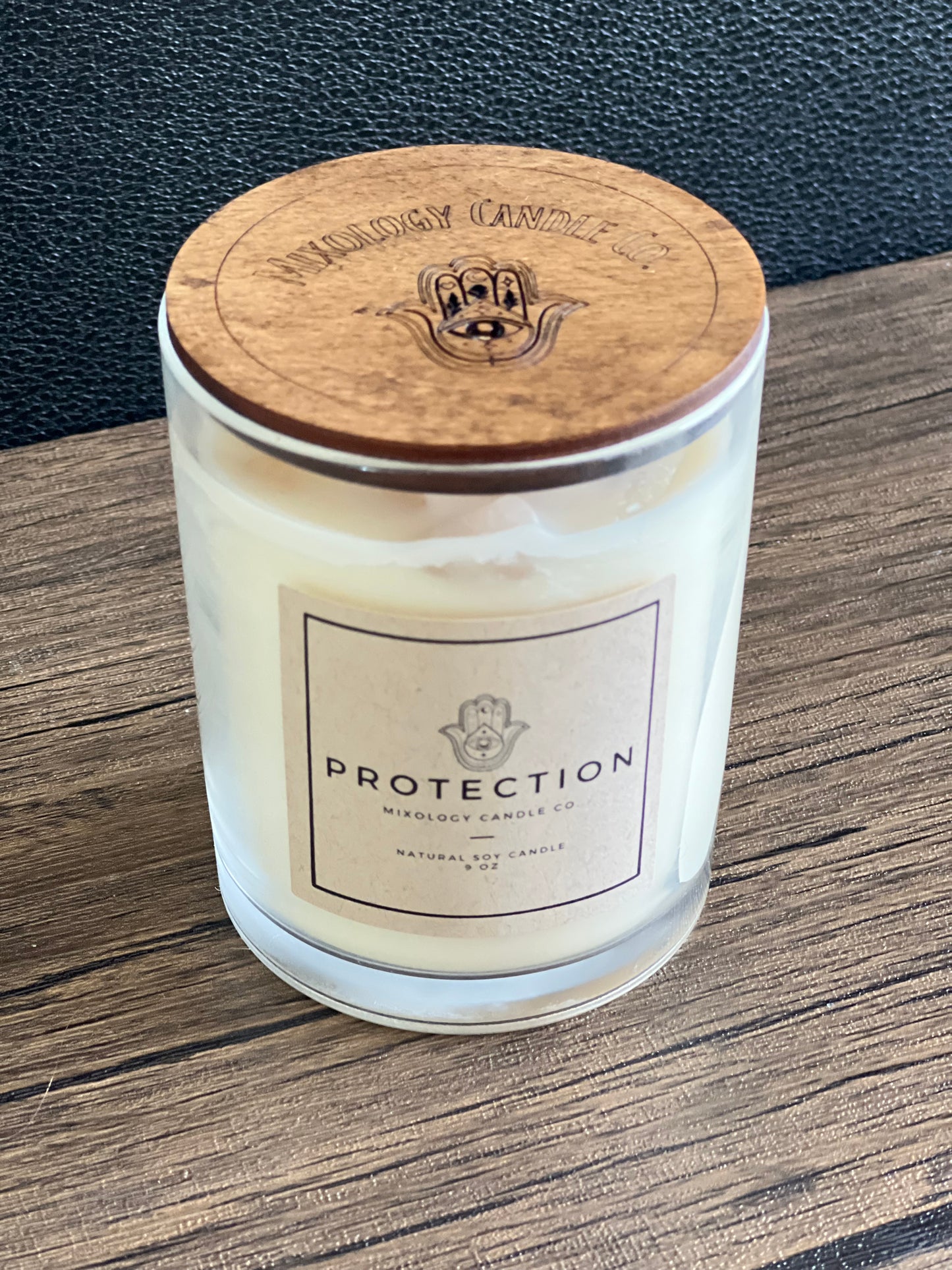 Evil Eye Protection Candle, Pink Quartz, Amethyst Infused, Lavender and Chamomile Scent, 10 oz Glass Jar with Hamsa Hand