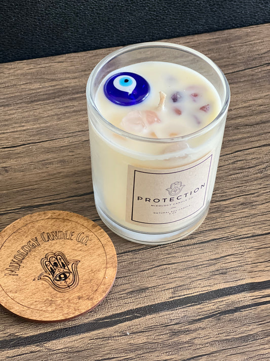 Evil Eye Protection Candle, Pink Quartz, Amethyst Infused, Lavender and Chamomile Scent, 10 oz Glass Jar with Hamsa Hand