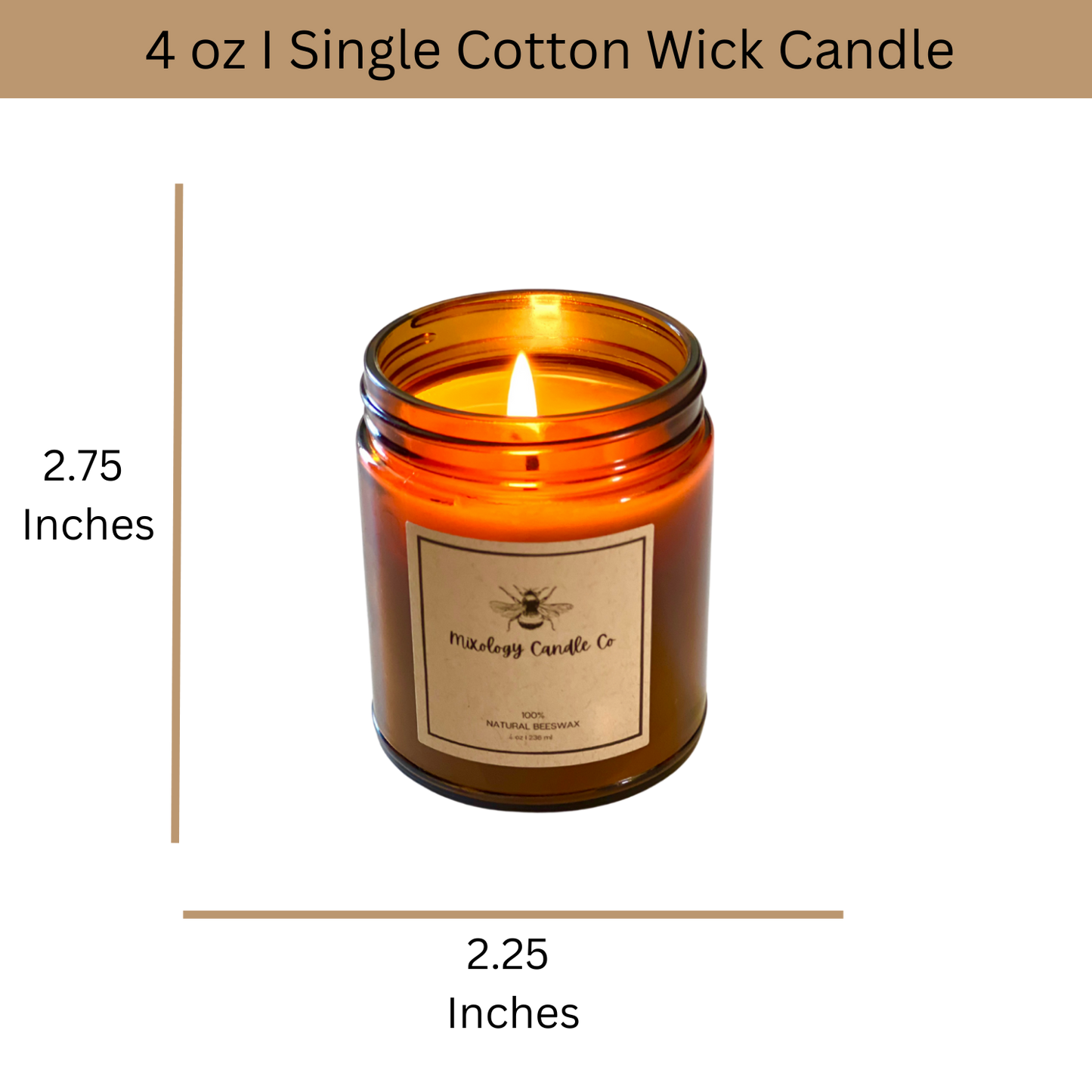 Hand-poured Beeswax Candle with cotton wick, 4 oz