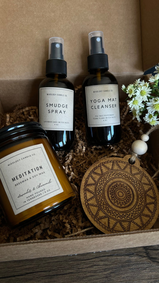 Yoga and Meditation Essentials Set, Yoga Smudge Spray,Yoga Mat Cleanser, Meditation Soy Wax Candle,Mandala Car Charm