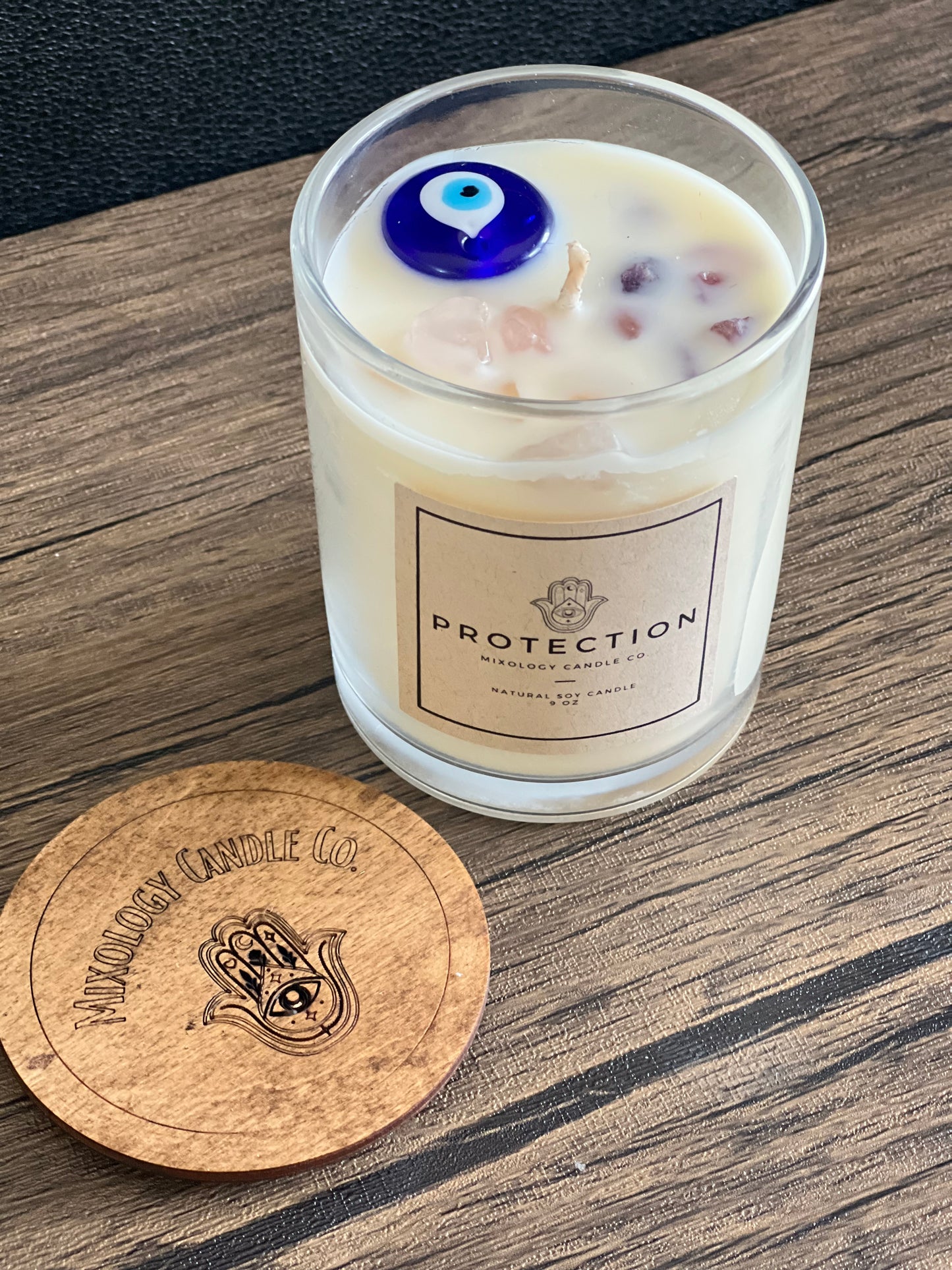 Evil Eye Protection Candle, Pink Quartz, Amethyst Infused, Lavender and Chamomile Scent, 10 oz Glass Jar with Hamsa Hand